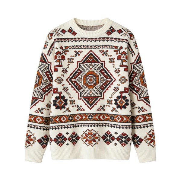 Cream Ethnic Pattern Knit Sweater with Red & Black Motifs