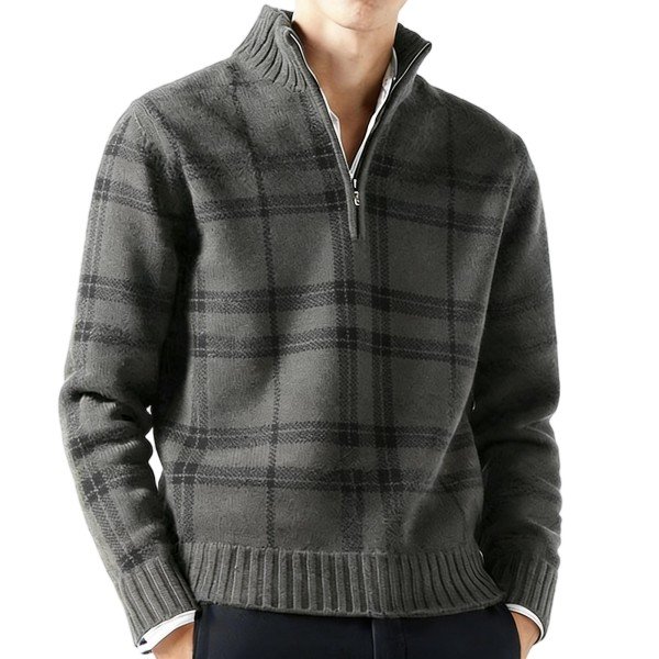 Charcoal Half-Zip Sweater with Tone-On-Tone Plaid Print