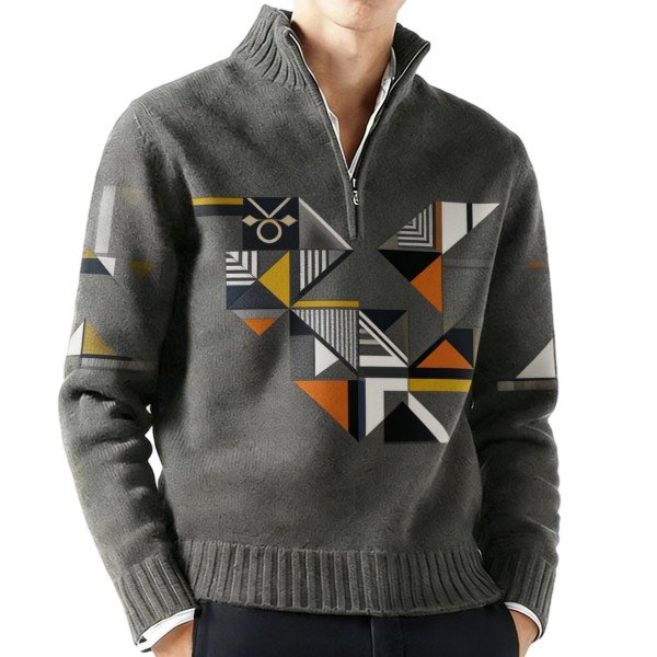 Charcoal Half-Zip Sweater with Geometric Patchwork Print