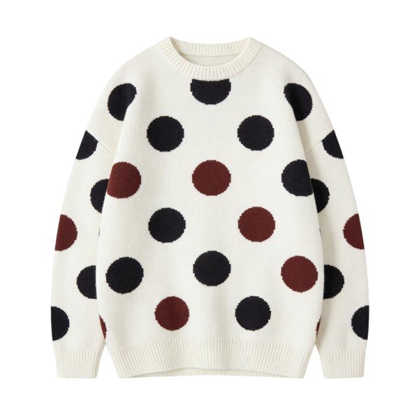 Cream Knit Sweater with Black & Burgundy Polka Dot Print