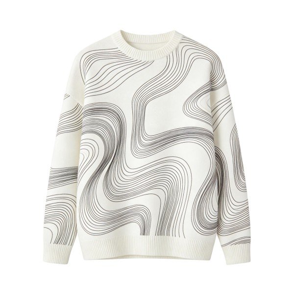 Cream Oversized Sweater with Black Wavy Line Print