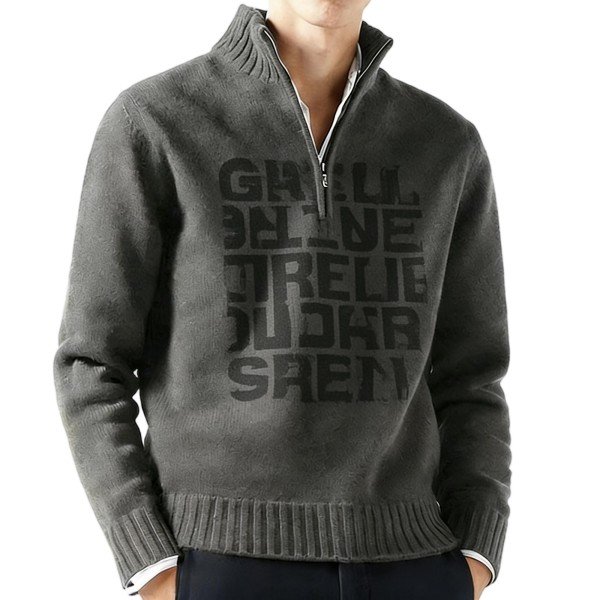Charcoal Half-Zip Sweater with Subtle Black Letter Print