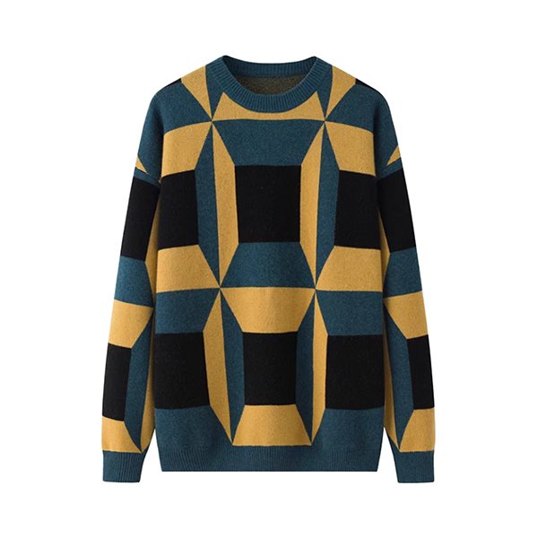 Men's Color-Block Stitch Crew Neck Loose Knitted Long Sleeve Men's Pullover