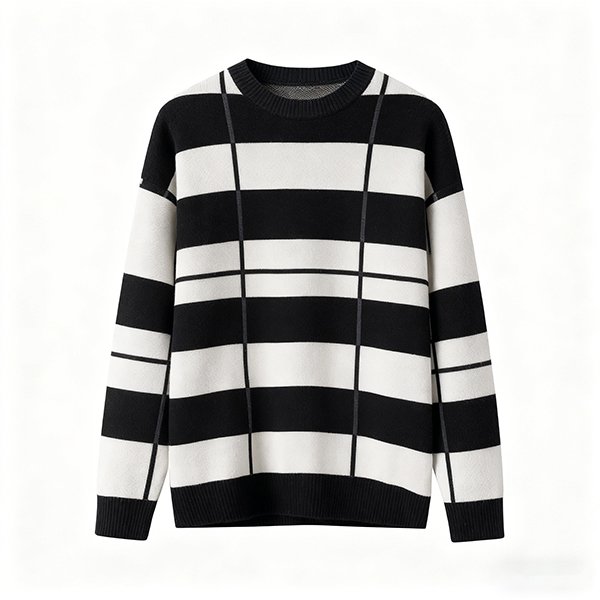 Men's Two-Tone Stitched Crew Neck Relaxed-Fit Knitted Long Sleeve Sweater