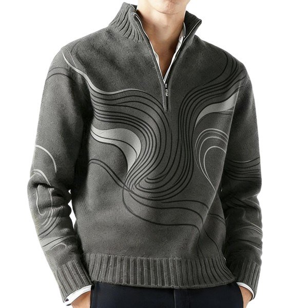 Charcoal Half-Zip Sweater with Silver Wavy Line Print